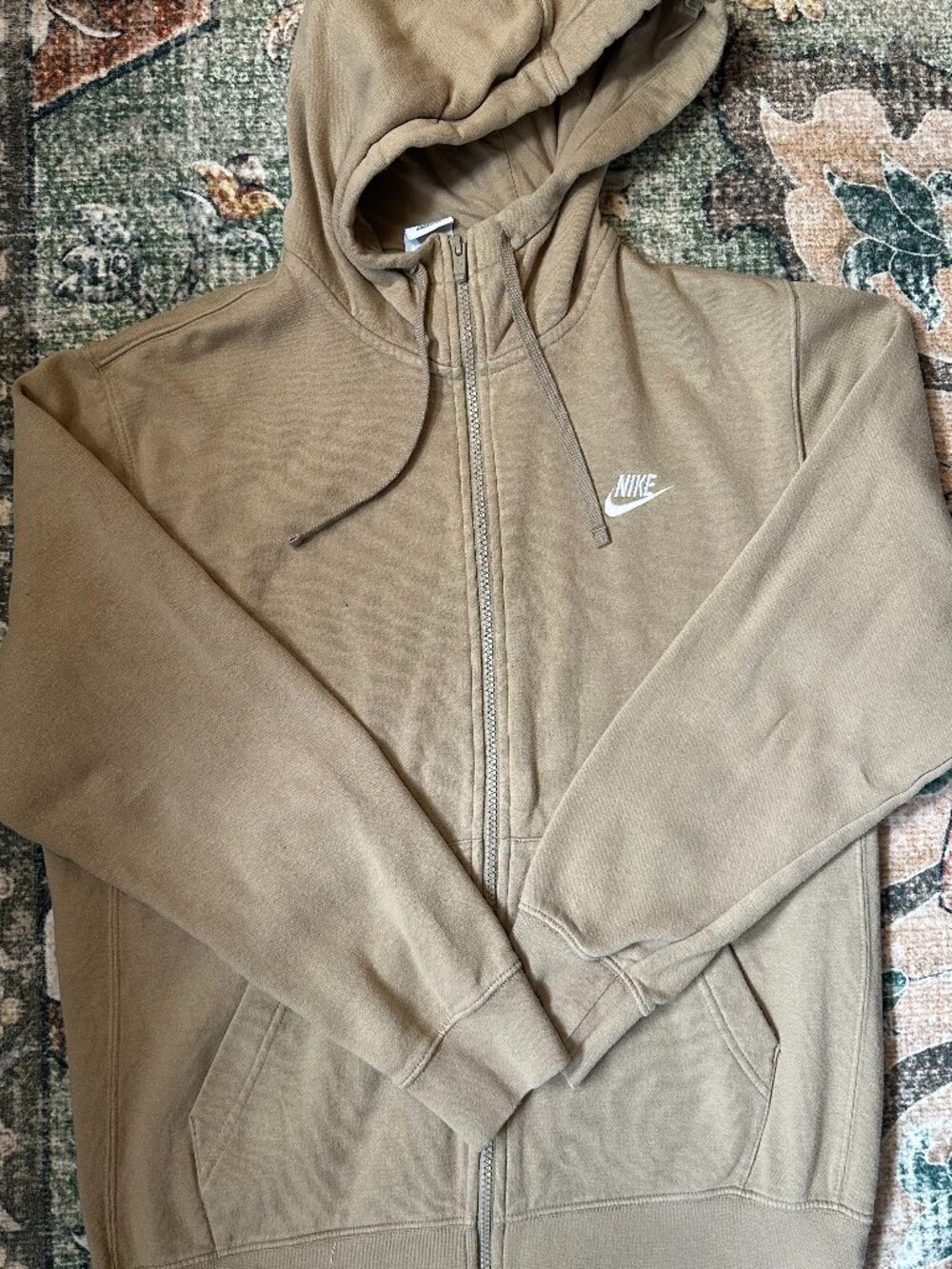 Nike Zip Hoodie Tan/Beige with full zip up and drawstring hood, Mens Medium